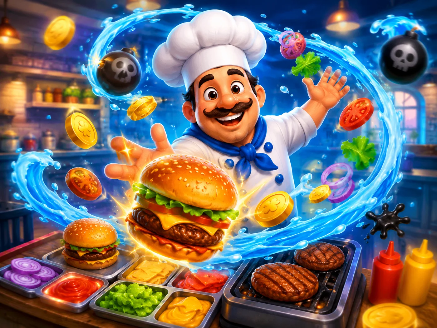 Ocean Grill & Bar arcade scene with chef, burger ingredients, coins and bomb hazards