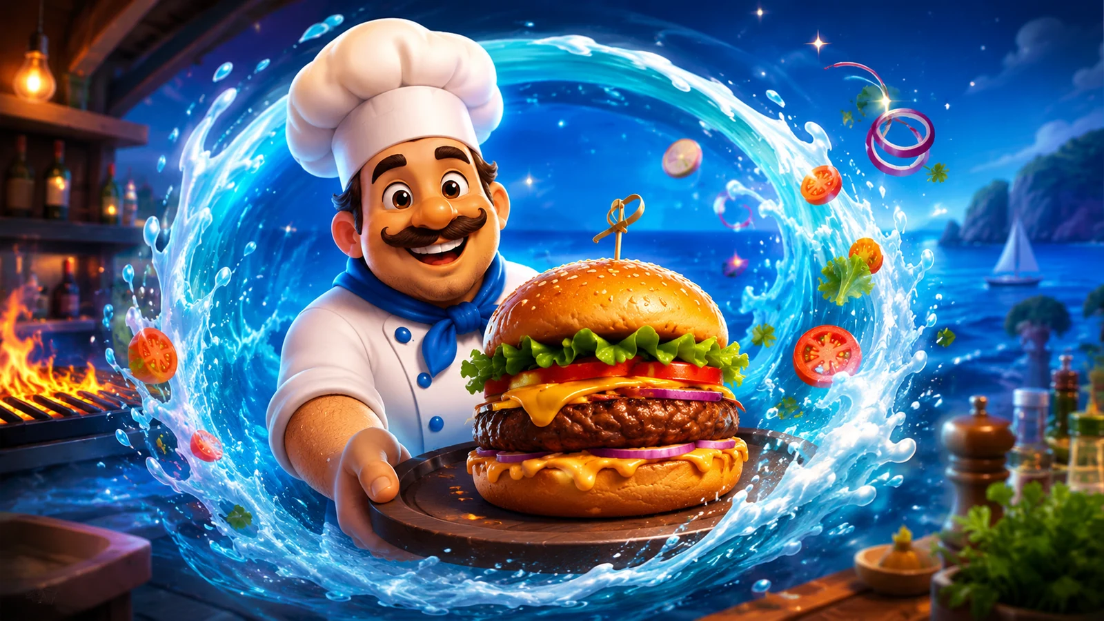 Cheerful chef serving a large burger beside an ocean-side grill with a dramatic water splash