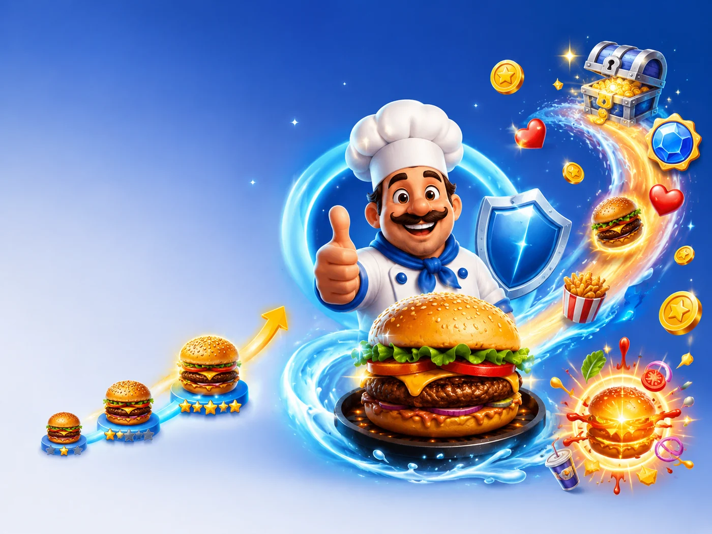 Ocean Grill & Bar chef with burger progression, stars, coins and rewards