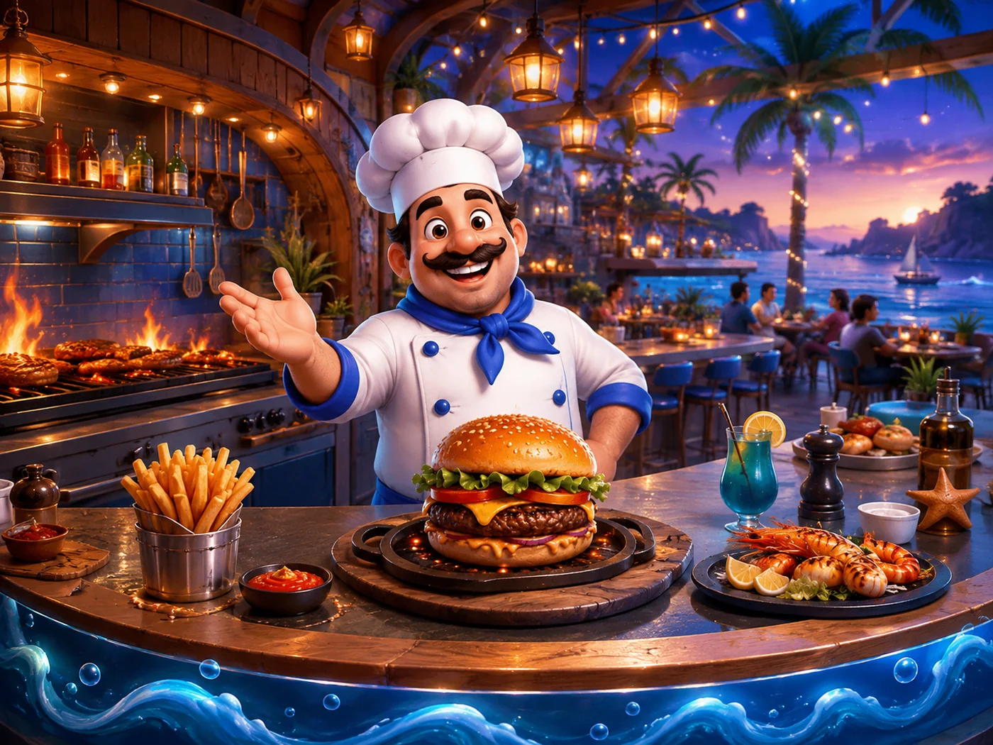 Ocean Grill & Bar chef at a seaside restaurant with burgers, fries and grilled food